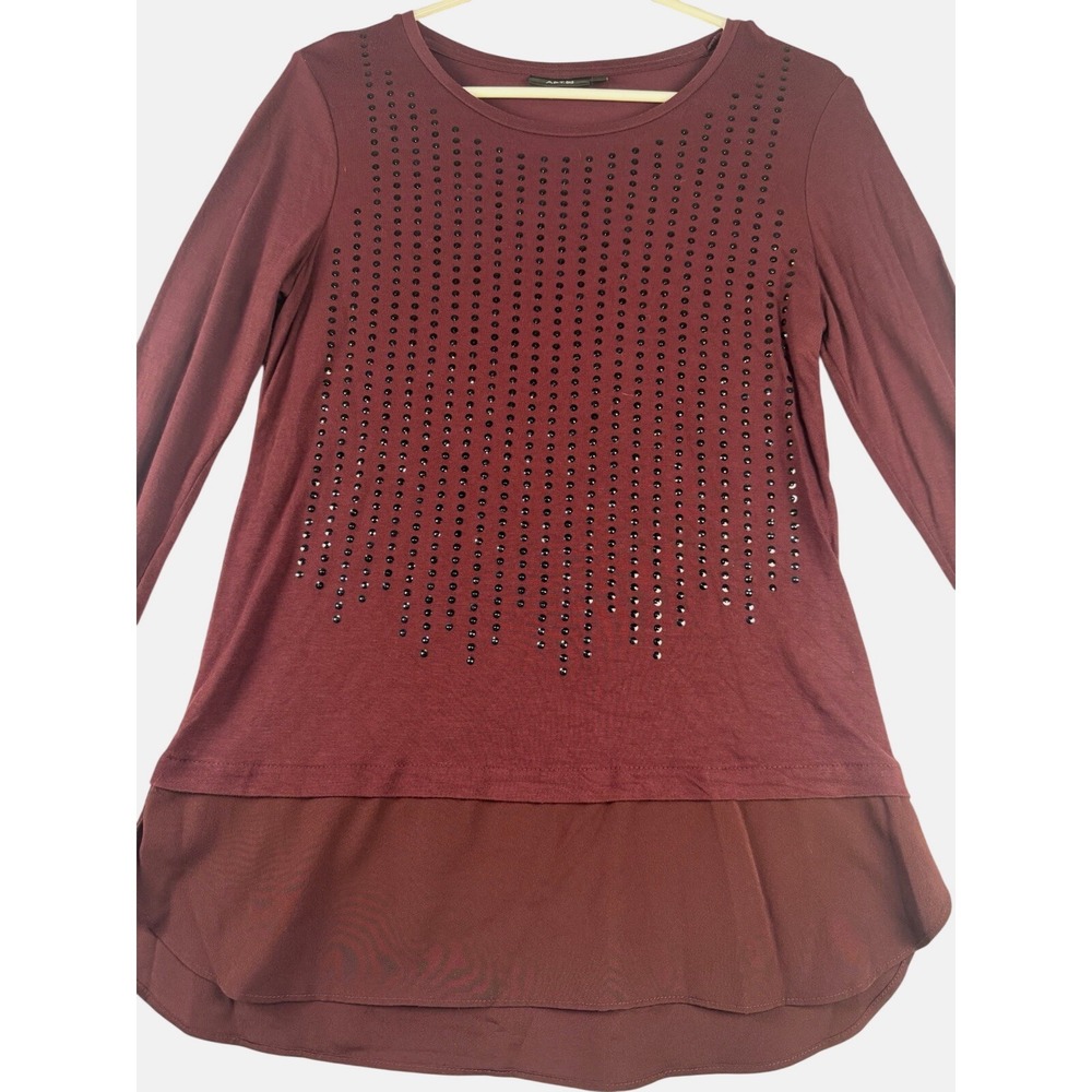 Burgundy Studded Long Sleeve Top Womens Small Layered Hem Stretch APT 9